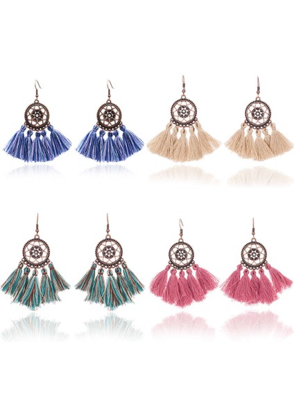 Vintage Boho Etnik Yuvarlak Dangle Bildirimi Fringe Damla Küpe Kadınlar Için Düğün Parti Yıldönümü Takı Süsler Mavi + Bronz (Yurt Dışından)