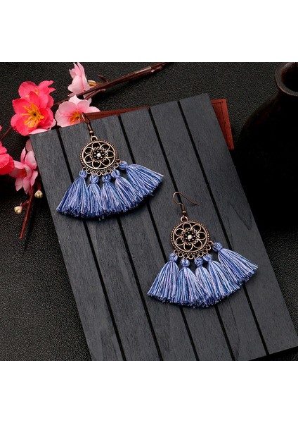 Vintage Boho Etnik Yuvarlak Dangle Bildirimi Fringe Damla Küpe Kadınlar Için Düğün Parti Yıldönümü Takı Süsler Mavi + Bronz (Yurt Dışından)