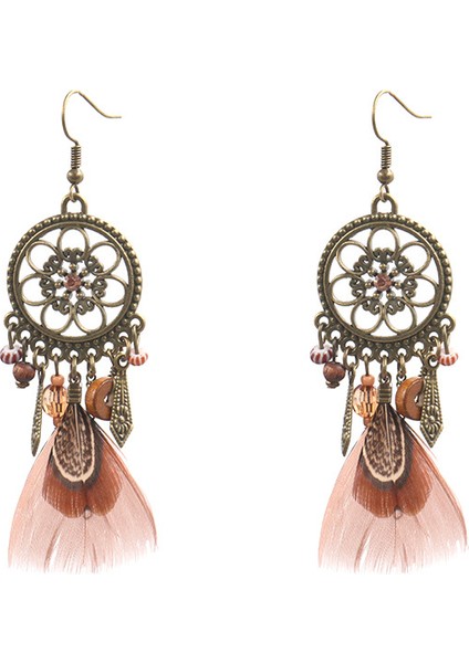 Moda Bohemia Retro Dreamcatcher Şekilli Tüy Kolye Yuvarlak Küpe Kadınlar Için Etnik Tarzı Tüy Küpe (Yurt Dışından)