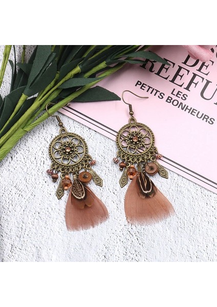 Moda Bohemia Retro Dreamcatcher Şekilli Tüy Kolye Yuvarlak Küpe Kadınlar Için Etnik Tarzı Tüy Küpe (Yurt Dışından)