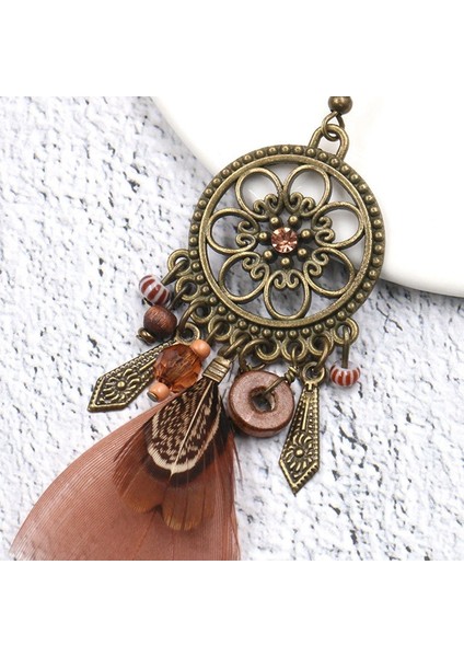 Moda Bohemia Retro Dreamcatcher Şekilli Tüy Kolye Yuvarlak Küpe Kadınlar Için Etnik Tarzı Tüy Küpe (Yurt Dışından)