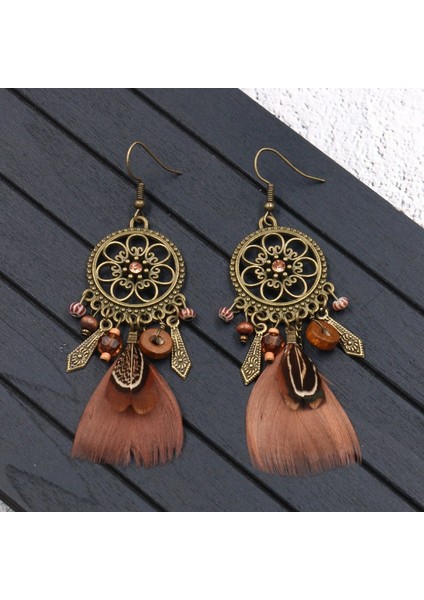 Moda Bohemia Retro Dreamcatcher Şekilli Tüy Kolye Yuvarlak Küpe Kadınlar Için Etnik Tarzı Tüy Küpe (Yurt Dışından)