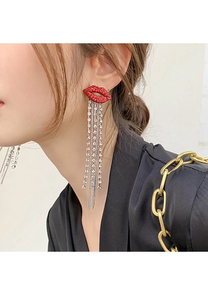 Trendy Parlak Tam Kristal Kırmızı Dudak Uzun Püskül Damla Küpe Vintage Rhinestone Zincir Küpe Kadınlar Için Parti Takı (Yurt Dışından) fiyatları