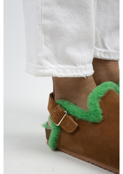Holly Kürklü Kadın Deri Kürklü Deri Kemerli Tokalı Taba- Yeşil Sandalet modelleri