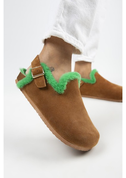 Holly Kürklü Kadın Deri Kürklü Deri Kemerli Tokalı Taba- Yeşil Sandalet fırsatları