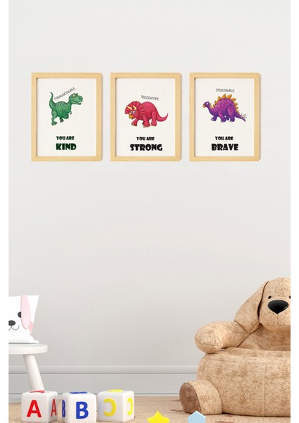 Çocuk Odası Doğal Ahşap Çerçeveli 3'lü Tablo Seti