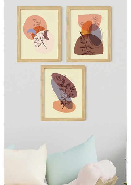 Bohem & Iskandinav Doğal Ahşap Çerçeveli 3'lü Tablo Seti