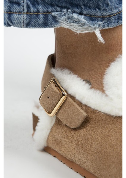 Holly Kürklü Kadın Deri Kürklü Deri Kemerli Tokalı Kum Sandalet modelleri