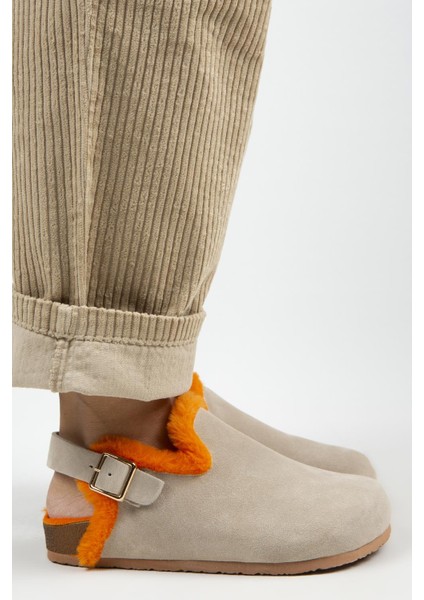 Holly Kürklü Kadın Deri Kürklü Deri Kemerli Tokalı Bej- Turuncu Sandalet fiyatları