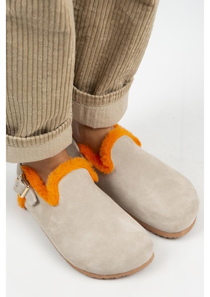 Holly Kürklü Kadın Deri Kürklü Deri Kemerli Tokalı Bej- Turuncu Sandalet modelleri