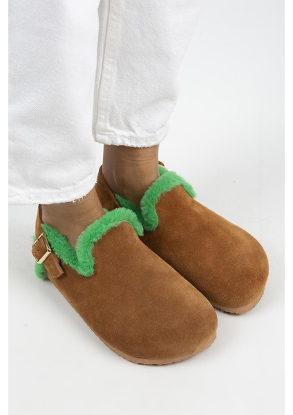 Holly Kürklü Kadın Deri Kürklü Deri Kemerli Tokalı Taba- Yeşil Sandalet fiyatları