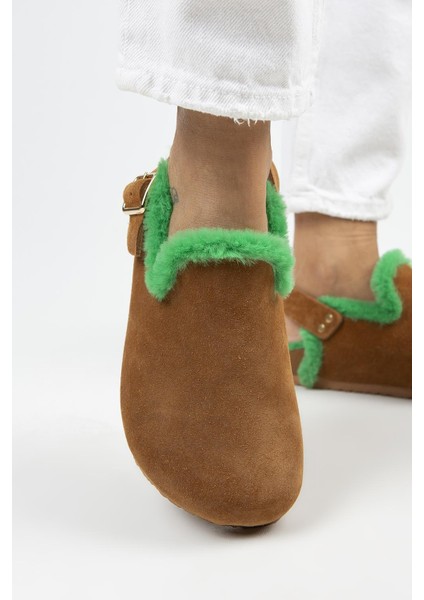 Holly Kürklü Kadın Deri Kürklü Deri Kemerli Tokalı Taba- Yeşil Sandalet indirimleri