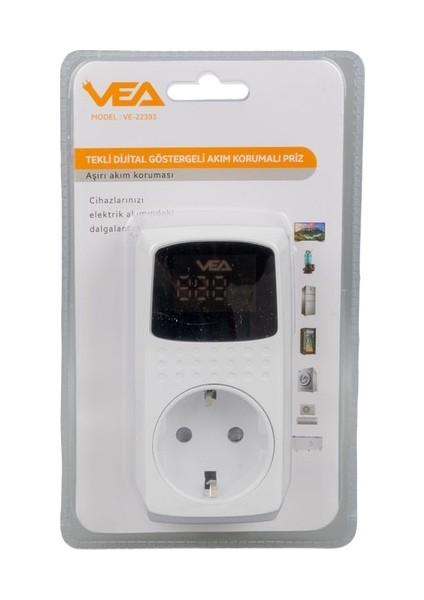 VE-22393 16A 3520W Tekli Dijital Göstergeli Akım Korumalı Priz