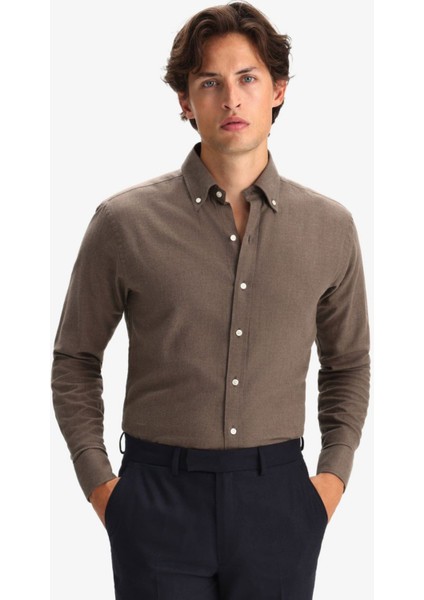Erkek Kahverengi Kışlık Melanj Oduncu Casual Düğmeli Yaka Cepsiz Modern Fit Gömlek