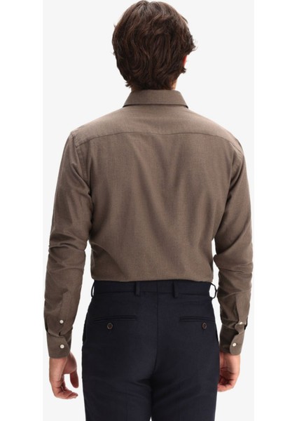 Erkek Kahverengi Kışlık Melanj Oduncu Casual Düğmeli Yaka Cepsiz Modern Fit Gömlek modelleri