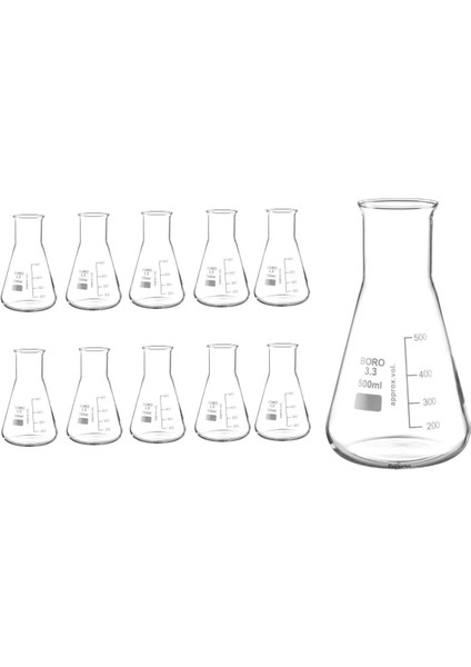 Cam Erlen 500 mL - Erlenmeyer Flask - Geniş Boyunlu Isıya Dayanıklı - 10 Adetlik Toptan Set