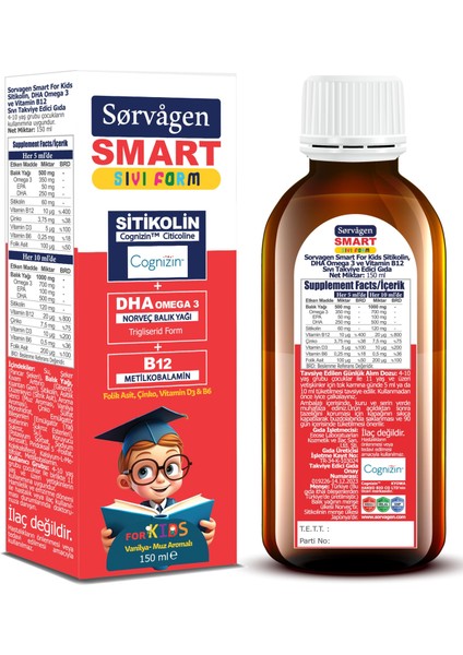 Smart Kids Sıvı Form - Sitikolin Dha Omega 3 Norveç Balık Yağı ve B12 - 150 ml