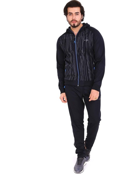 Erkek Çizgili Kapüşonlu Fermuarlı Likralı Dalgıç Lacivert Eşofman Takımı