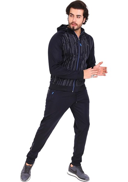 Erkek Çizgili Kapüşonlu Fermuarlı Likralı Dalgıç Lacivert Eşofman Takımı modelleri