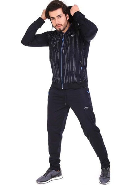 Erkek Çizgili Kapüşonlu Fermuarlı Likralı Dalgıç Lacivert Eşofman Takımı fırsatları