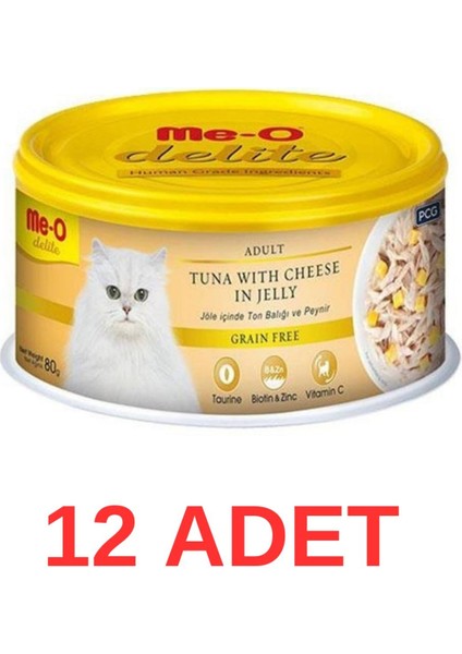 Me-O Delite Ton Balıklı ve Peynirli Tahılsız Yetişkin Kedi Konservesi 80 gr 12 Adet
