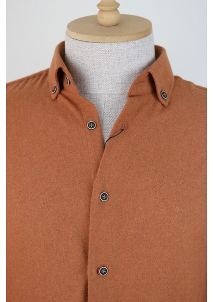 Erkek Kiremit Rengi Kışlık Melanj Oduncu Casual Düğmeli Yaka Cepsiz Modern Fit Gömlek