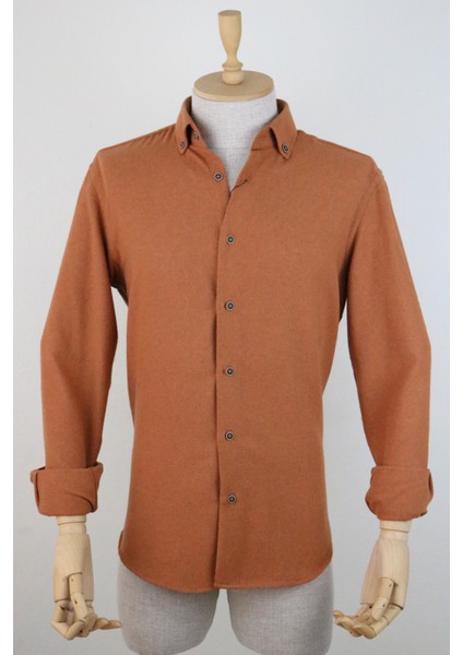 Erkek Kiremit Rengi Kışlık Melanj Oduncu Casual Düğmeli Yaka Cepsiz Modern Fit Gömlek