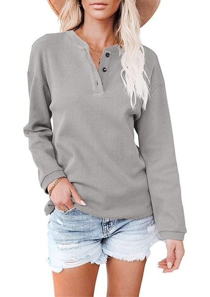 Kadın Casual V Yaka Düz Renk Uzun Kollu Üst T-Shirt (Yurt Dışından) fırsatları