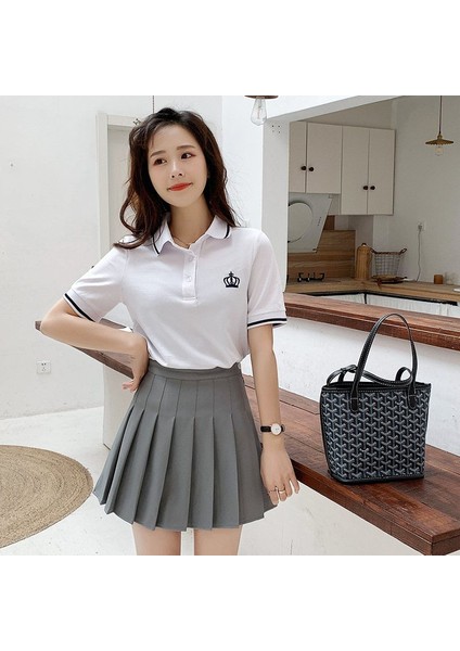 Saf Pamuk Yaz Kız Öğrenci Anaokulu Öğretmen Kolej Rüzgar Sporları Kısa Kollu Polo Gömlek Anti-Işık Etek Takım Elbise T-Shirt (Yurt Dışından)