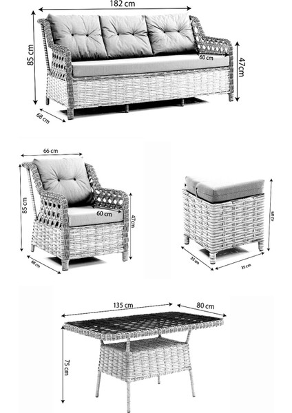 Eren Rattan Puflu Bahçe Balkon Takımı 3+1+1 Gri