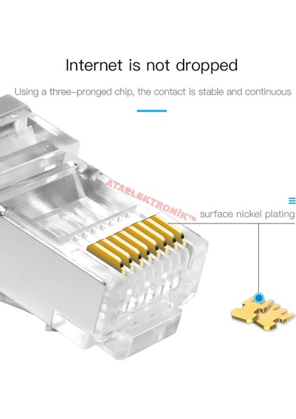 Ata Elektronik 100 Adet Ez RJ45 Cat5 - Cat6 Açık Uçlu Soket 8P8C 100ADET RJ45 Cat5 - Cat6 Kablo Ucu Uç Ethernet Internet Kablo Ucu Ağ Rj 45 Konnektör Cat6