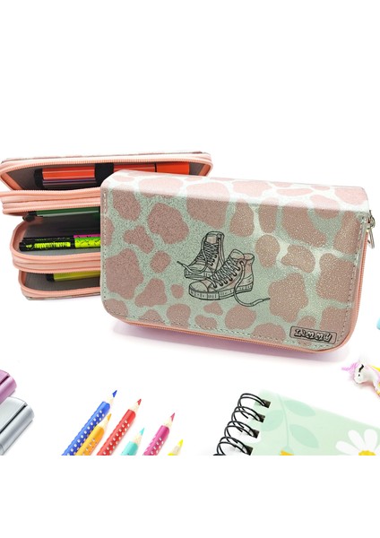 Simli Işıltılı Inek Kalem Kutusu Vegan Deri Kalemkutu Üç Bölmeli Kalemlik Nude Pudra