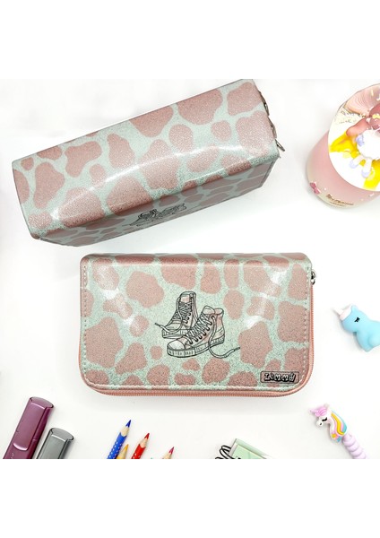 Simli Işıltılı Inek Kalem Kutusu Vegan Deri Kalemkutu Üç Bölmeli Kalemlik Nude Pudra fiyatları