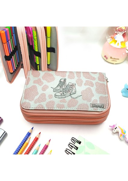 Simli Işıltılı Inek Kalem Kutusu Vegan Deri Kalemkutu Üç Bölmeli Kalemlik Nude Pudra fırsatları