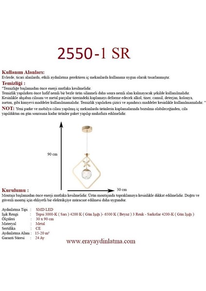 2550-1 Gold LED Avize(Beyaz Işık -Sarı Işık - Gün Işığı) modelleri
