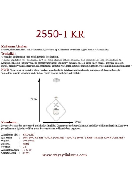 2550-1 Krom LED Avize(Beyaz Işık -Sarı Işık - Gün Işığı) modelleri
