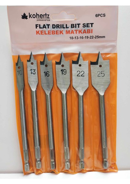 6'lı (10-13-16-19-22-25MM) Yaprak(Kelebek) Matkabı Seti