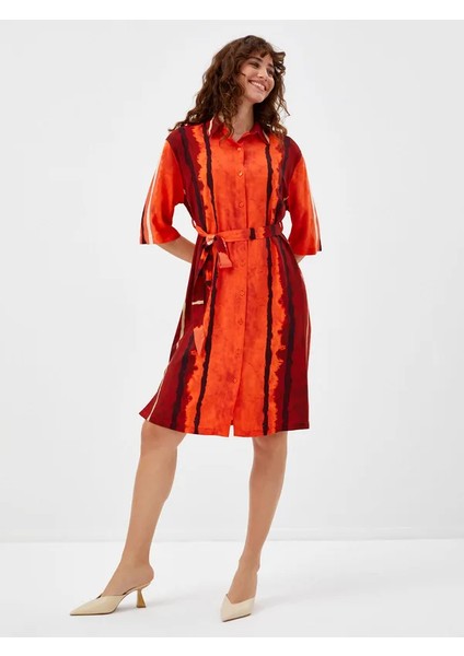 Çizgili Batik Desen Kısa Kol Elbise 68299