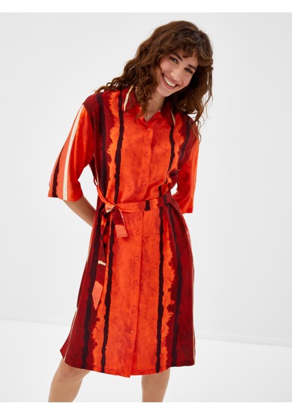 Çizgili Batik Desen Kısa Kol Elbise 68299