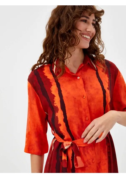 Çizgili Batik Desen Kısa Kol Elbise 68299