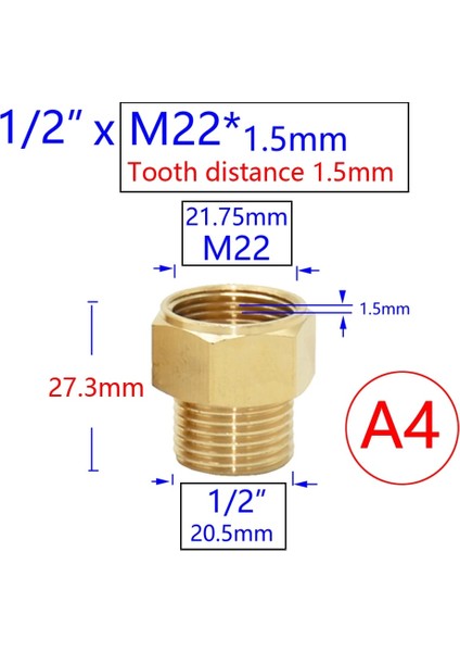 1ı2 Inç x M22 Stili Pirinç Inç Dişli Konnektör Su Musluğu Bakır Metal Dişli Su Borusu Çoğaltıcı Musluk Adaptörü 1 Adet (Yurt Dışından)
