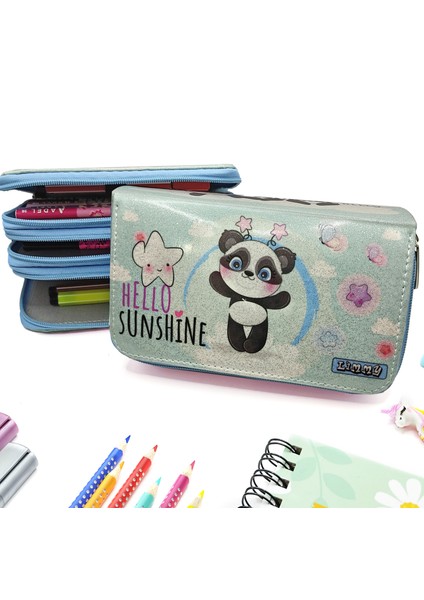 Simli Işıltılı Panda Kalem Kutusu Vegan Deri Kalemkutu Üç Bölmeli Kalemlik Mavi