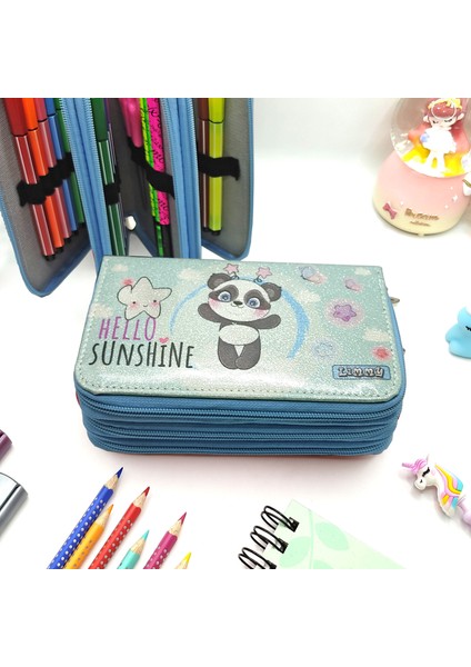 Simli Işıltılı Panda Kalem Kutusu Vegan Deri Kalemkutu Üç Bölmeli Kalemlik Mavi fırsatları