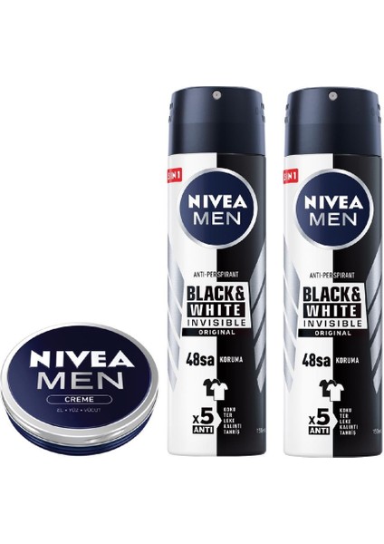 Men Erkek Sprey Deodorant Black&white Invisible Original 150ML X2 Adet ve Men Erkek Bakım Kremi 30ML