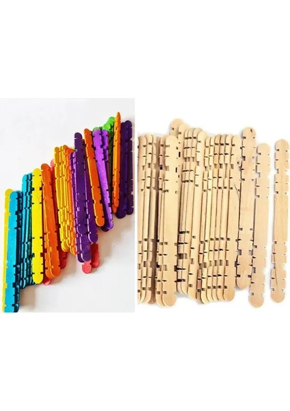 100'LÜ Ahşap Geçmeli Dil Çubuğu - 50'li Natural & 50'li Renkli