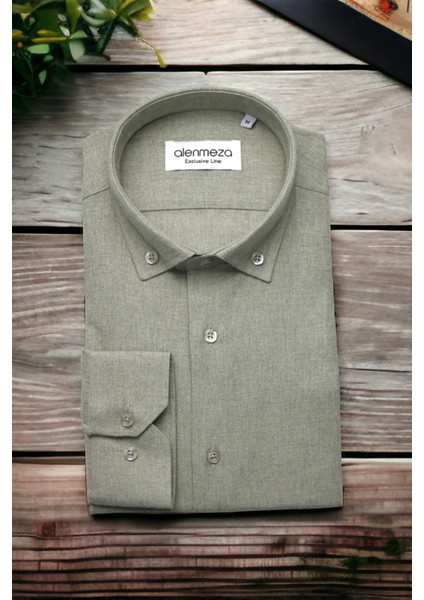 Erkek Çağla Yeşili Kışlık Melanj Oduncu Casual Düğmeli Yaka Cepsiz Modern Fit Gömlek