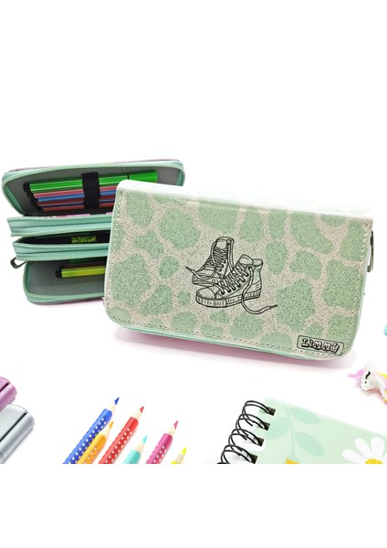 Simli Işıltılı Inek Kalem Kutusu Vegan Deri Kalemkutu Üç Bölmeli Kalemlik Yeşil