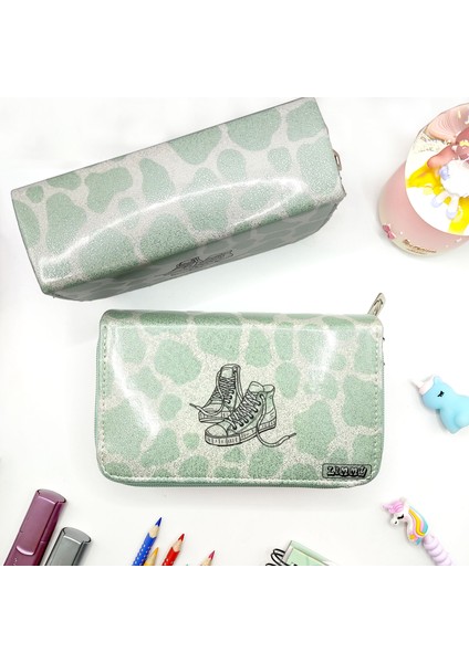 Simli Işıltılı Inek Kalem Kutusu Vegan Deri Kalemkutu Üç Bölmeli Kalemlik Yeşil fiyatları