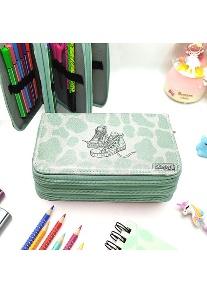 Simli Işıltılı Inek Kalem Kutusu Vegan Deri Kalemkutu Üç Bölmeli Kalemlik Yeşil fırsatları