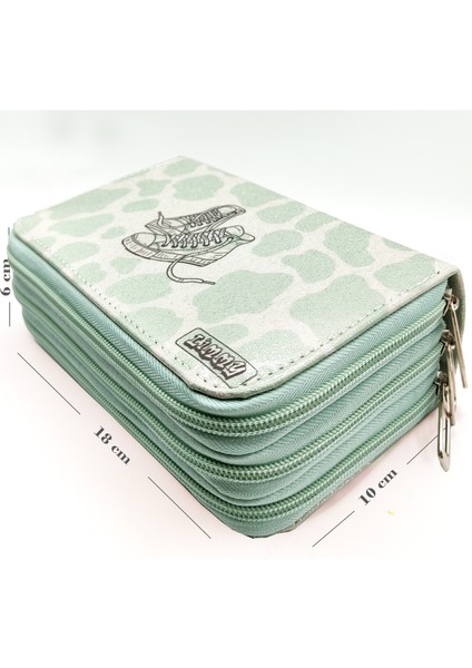 Simli Işıltılı Inek Kalem Kutusu Vegan Deri Kalemkutu Üç Bölmeli Kalemlik Yeşil indirimleri